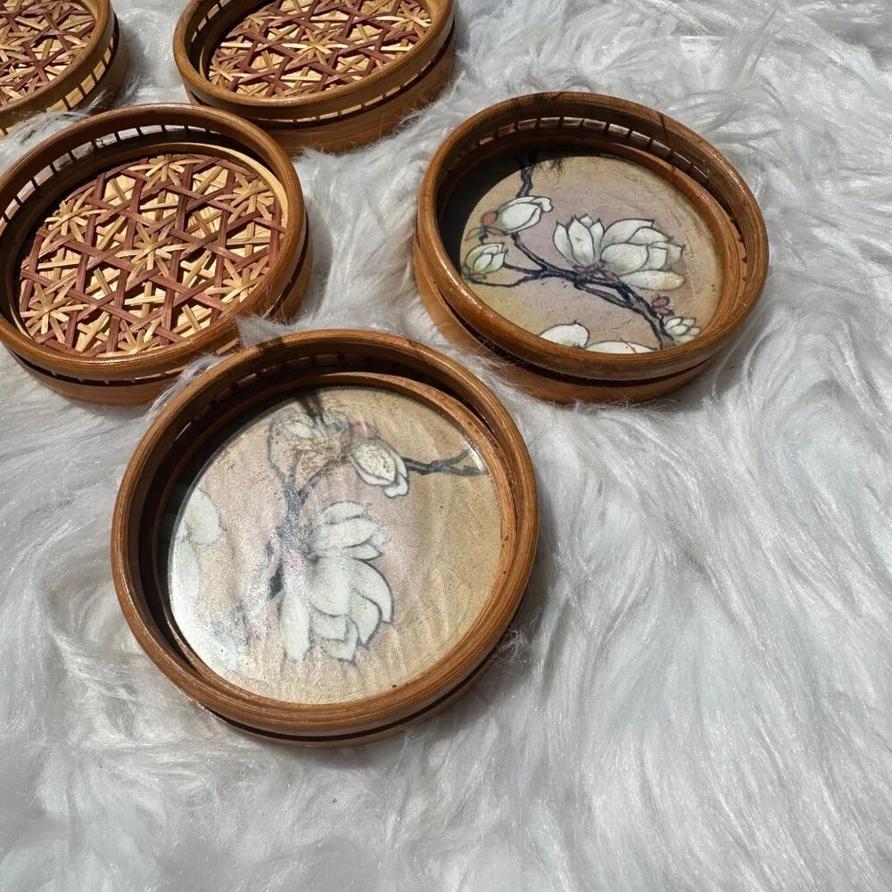 Vintage 7 Piece Set Bamboo Boho Coasters Ornate Midcentury Retro Mod Geo Decor